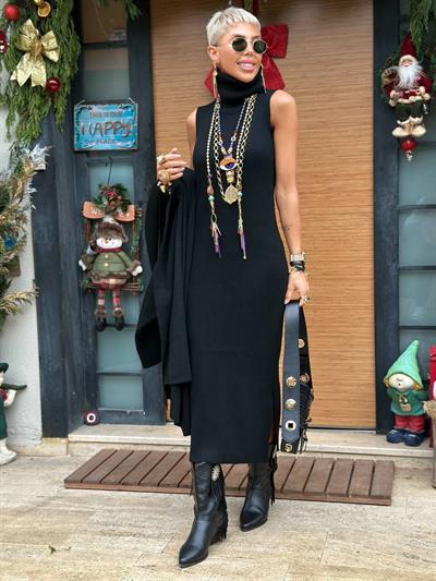 SİYAH MAXI TRİKO ELBİSE HIRKA TAKIM