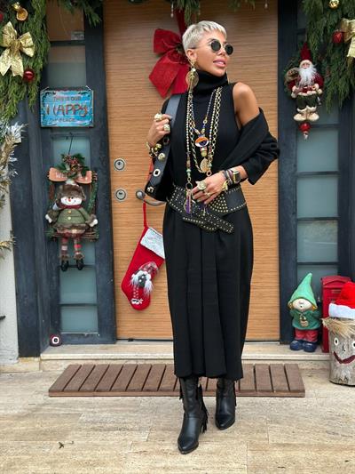 SİYAH MAXI TRİKO ELBİSE HIRKA TAKIM