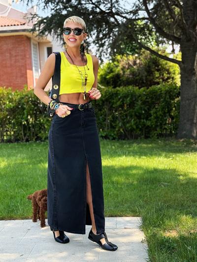 SİYAH ÖN ARKA YIRTMAÇLI DENIM ETEK