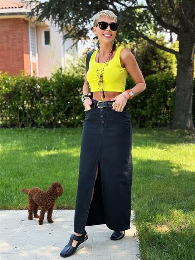 SİYAH ÖN ARKA YIRTMAÇLI DENIM ETEK