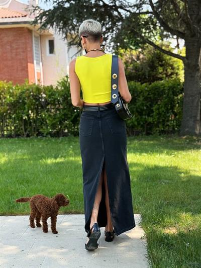 SİYAH ÖN ARKA YIRTMAÇLI DENIM ETEK