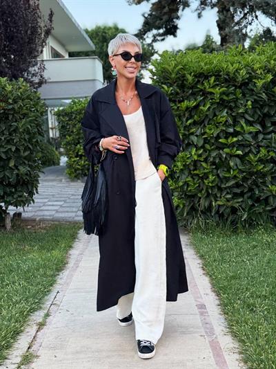 SİYAH OVERSIZE ASTARLI TRENÇ