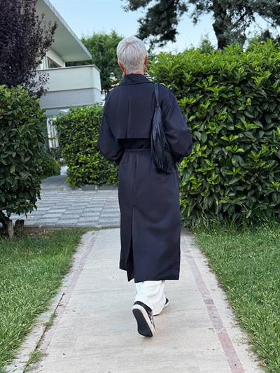 SİYAH OVERSIZE ASTARLI TRENÇ