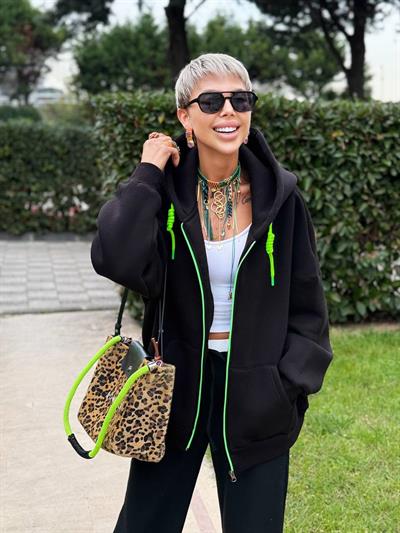 SİYAH S.STUDIO NEON FERMUARLI OVERSIZE HOODIE