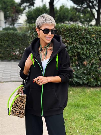 SİYAH S.STUDIO NEON FERMUARLI OVERSIZE HOODIE