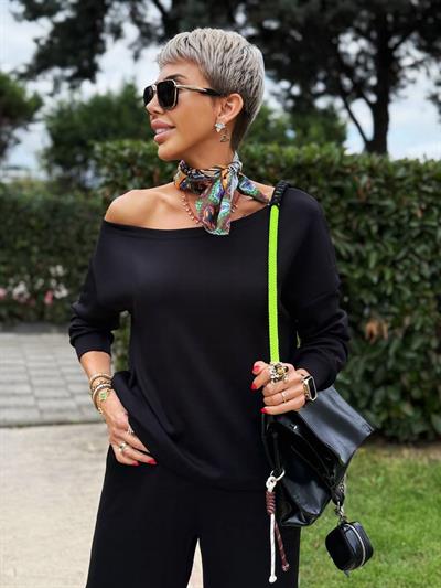 SİYAH S.STUDIO DÜŞÜK OMUZ PREMIUM BLUZ 