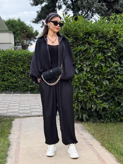 SİYAH ŞALVAR PANTOLONLU SATEN TAKIM 