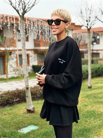 SİYAH SELF LOVE SWEATSHIRT ETEK TAKIM