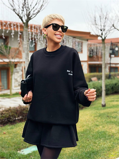 SİYAH SELF LOVE SWEATSHIRT ETEK TAKIM