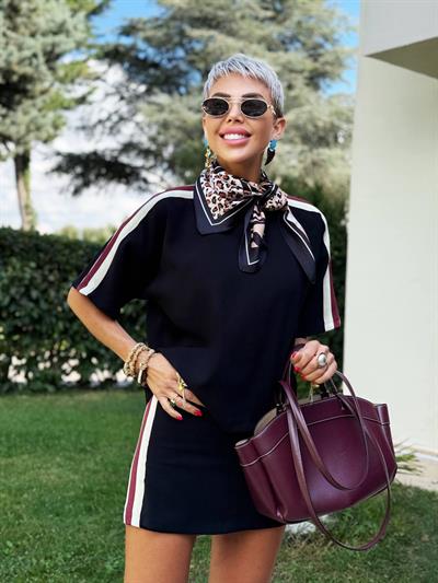 SİYAH ŞERİT DETAY ŞORT ETEK TSHIRT TAKIM