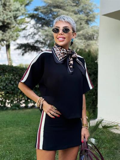 SİYAH ŞERİT DETAY ŞORT ETEK TSHIRT TAKIM