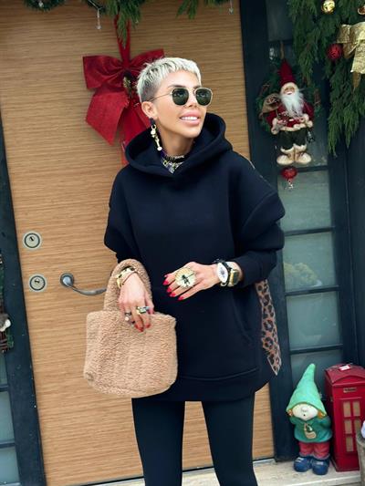 SİYAH SIRTI LEOPAR GARNİLİ HOODIE