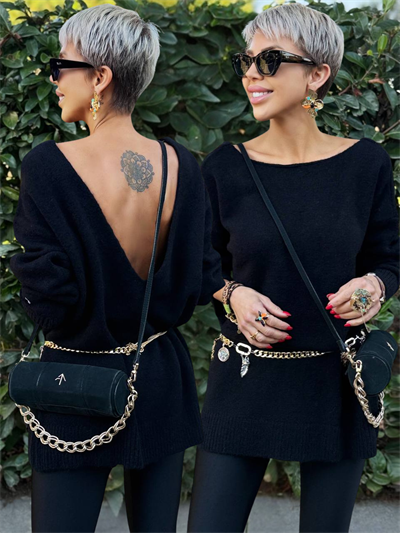 SİYAH SIRTI V YAKA YÜNLÜ TUNİK KAZAK