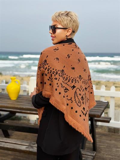 CINNAMON FRINGED PATTERNED KNIT SHAWL