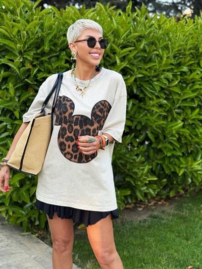 TAŞ LEOPAR MICKEY BASKILI OVERSIZE TSHIRT
