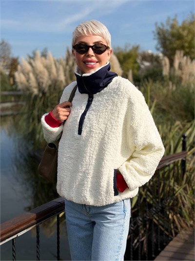 Teddy Punch Detay Polar Sweatshirt Ekru
