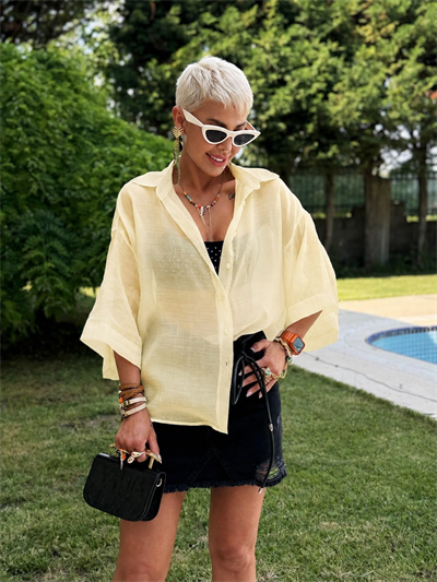 TEREYAĞ SARI OVERSIZE İPEKSİ GÖMLEK