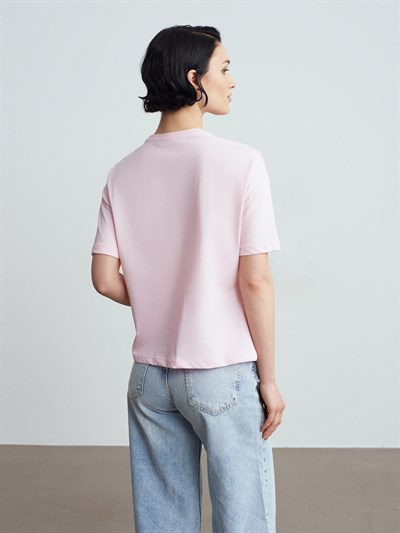 TOZ PEMBE BİSİKLET YAKA BASIC T-SHIRT