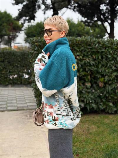 TURKUAZ ORMAN DESENLİ DİK YAKA FERMUARLI POLAR SWEAT