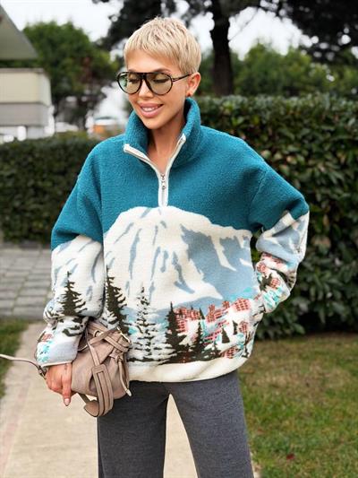 TURKUAZ ORMAN DESENLİ DİK YAKA FERMUARLI POLAR SWEAT