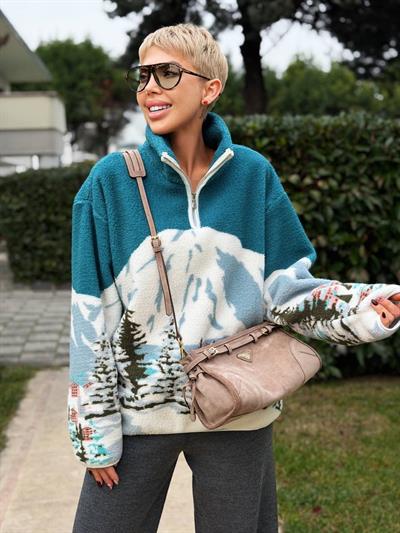 TURKUAZ ORMAN DESENLİ DİK YAKA FERMUARLI POLAR SWEAT
