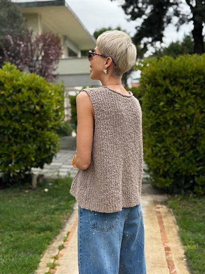 VİZON KNITLE KOLSUZ RAHAT TRİKO TOP