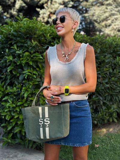 TAUPE FRINGED SLEEVELESS IMPORTED COTTON BLOUSE