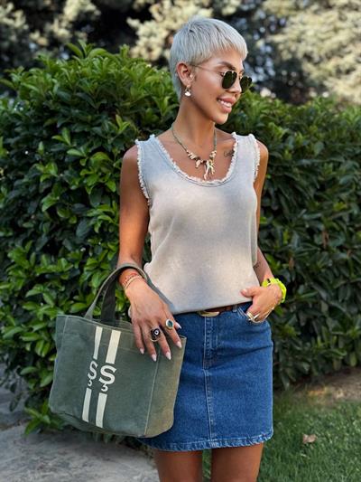 TAUPE FRINGED SLEEVELESS IMPORTED COTTON BLOUSE