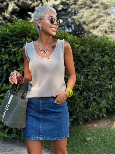 TAUPE FRINGED SLEEVELESS IMPORTED COTTON BLOUSE