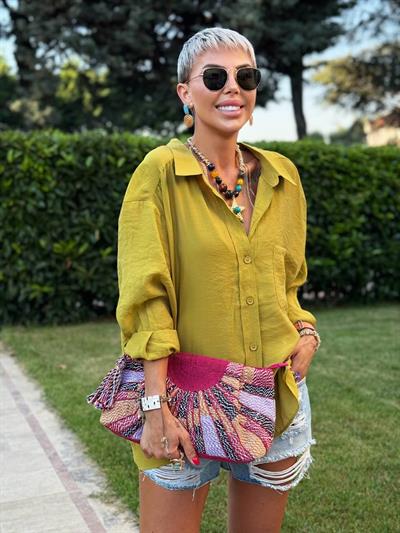 YAĞ YEŞİLİ OMZU DÜŞÜK OVERSIZE GÖMLEK 