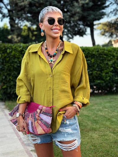 YAĞ YEŞİLİ OMZU DÜŞÜK OVERSIZE GÖMLEK 