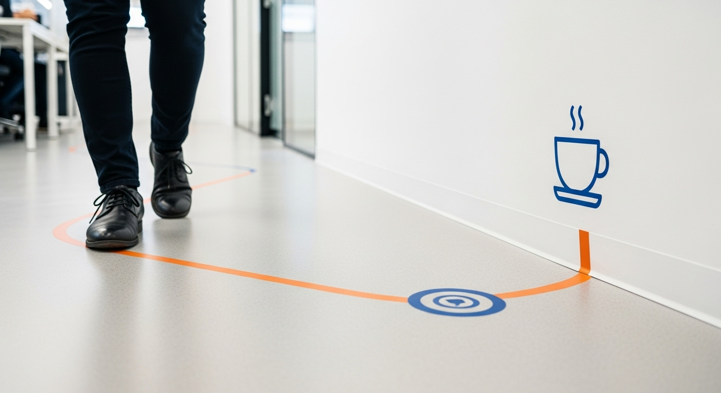 Renk kodlu yönlendirme sistemi ile modern ofis koridoru