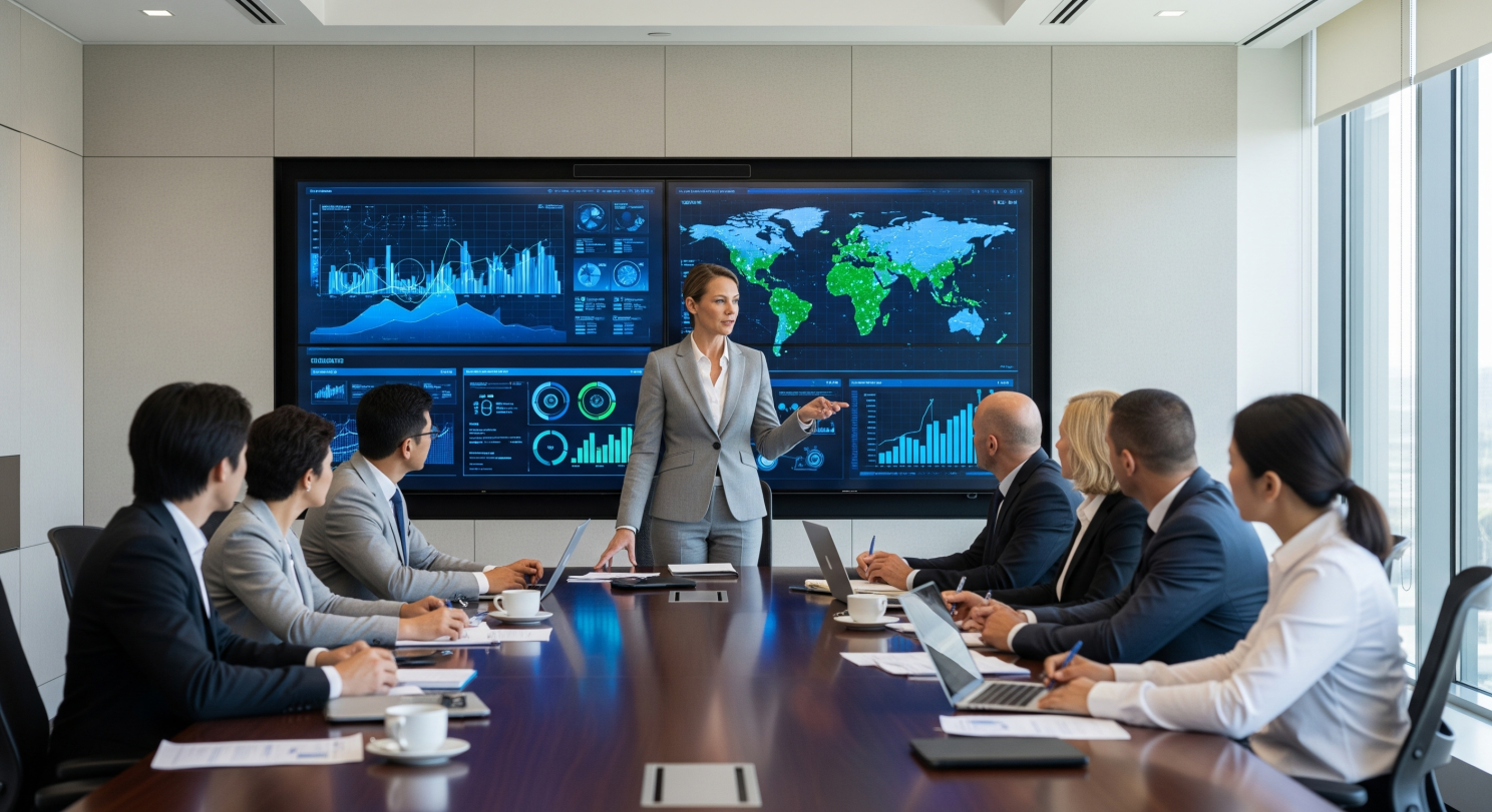 Yönetim kurulu toplantısında veri analizi yapan liderler