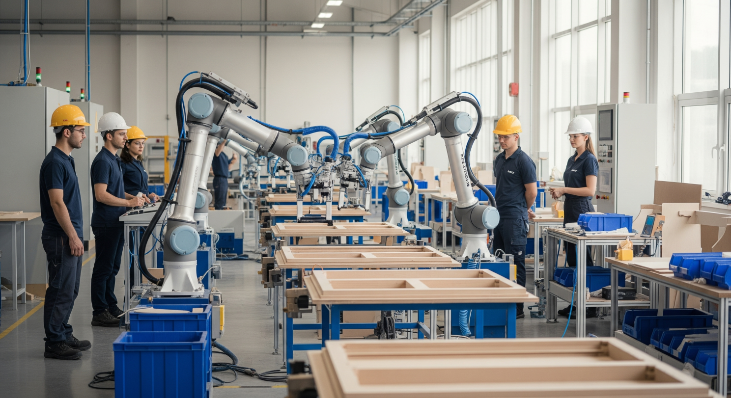 Mobilya fabrikasında çalışan endüstriyel robotlar ve cobotlar