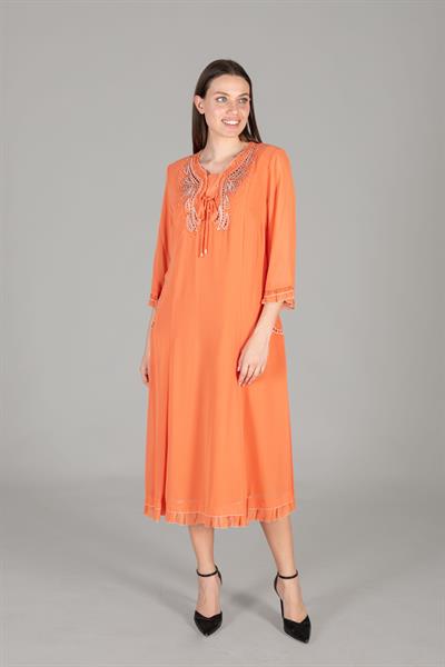 Fırfır Yaka Nakışlı Şifon Elbise