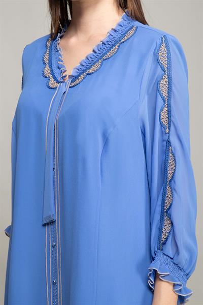 Ruffwith Neck Embroidered Chiffon Dress