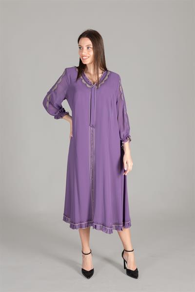 Ruffwith Neck Embroidered Chiffon Dress