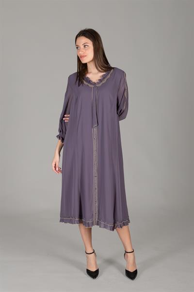 Ruffwith Neck Embroidered Chiffon Dress