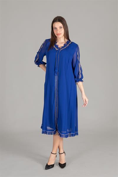 Ruffwith Neck Embroidered Chiffon Dress