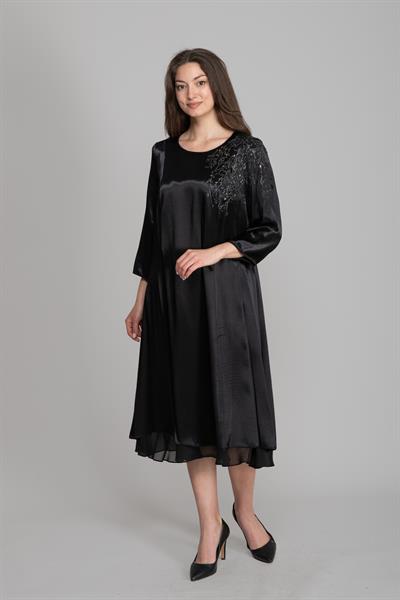 Saten Floş Yuvarlak Yaka Elbise