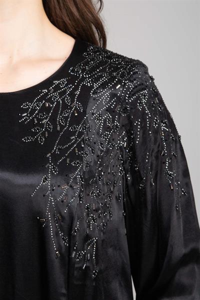 Saten Floş Yuvarlak Yaka Elbise