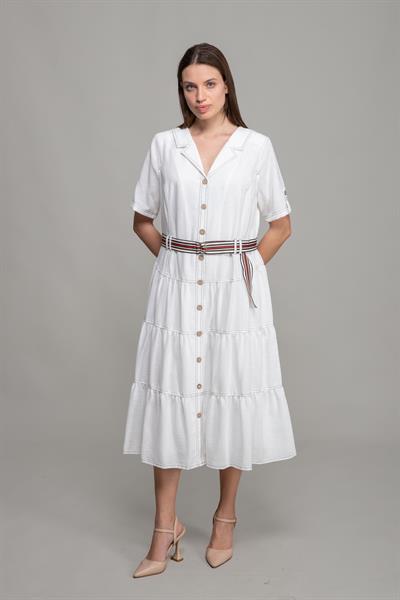 V Gömlek Yaka Rio Keten Elbise