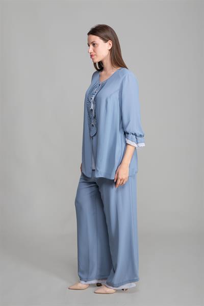 V Yaka Bluz + Pantolon Şifon Takım