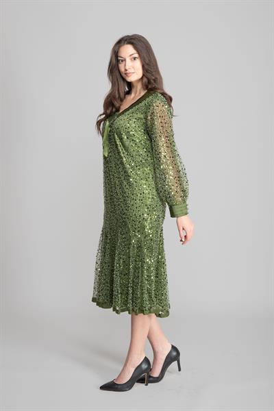 V Yaka Boncuklu Payetli Elbise