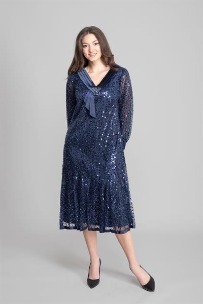 V Yaka Boncuklu Payetli Elbise