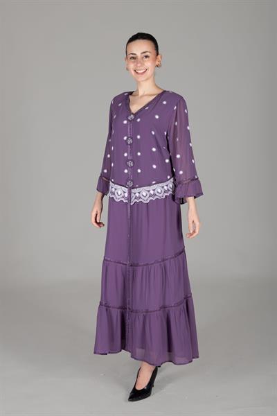 V Yaka Brodeli Şifon Elbise