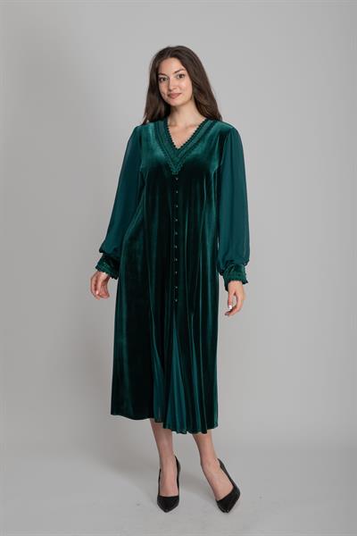 V Yaka Düz Kadife Ribanalı Elbise