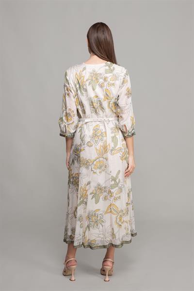 V Yaka Fırfırlı İpek Elbise