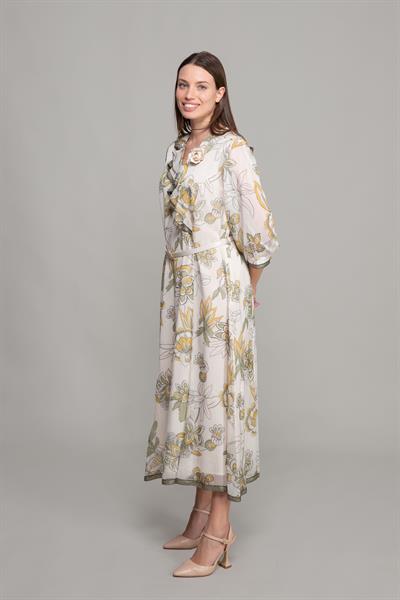 V Yaka Fırfırlı İpek Elbise