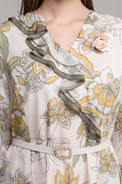 V Yaka Fırfırlı İpek Elbise